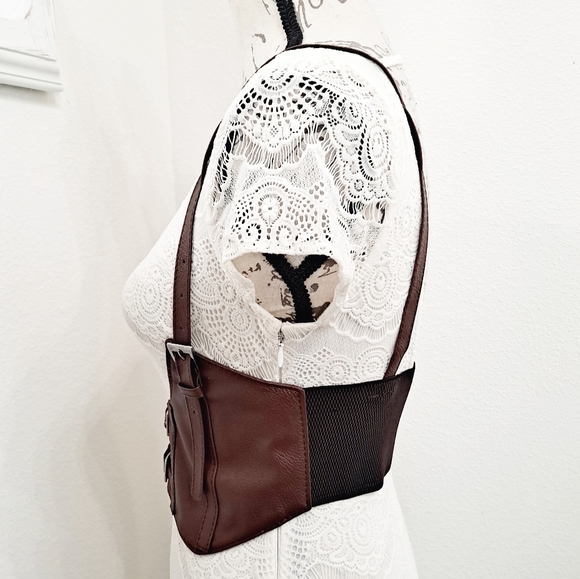 Brown wide waist belt faux leather corset harness buckle suspenders steampunk - Picture 13 of 16